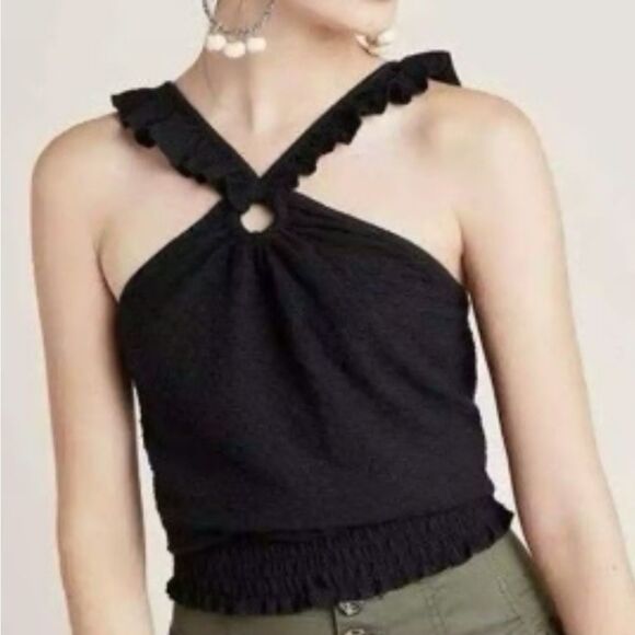 Anthropologie Marisol Ruffled Halter Blouse Top Size L Black Textured - Picture 12 of 12
